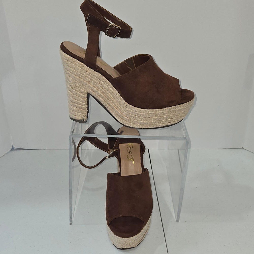 FOWT Brown Espadrille Platform Chunky Block Heel Sandal Ankle Strap Open Toe  10